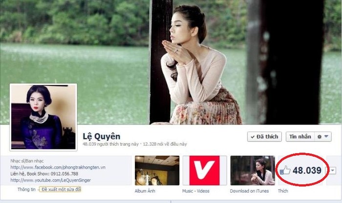 Fanpage mang tên và hình ảnh ca sĩ Lệ Quyên có lượng like đạt tới gần 50.000 lượt.